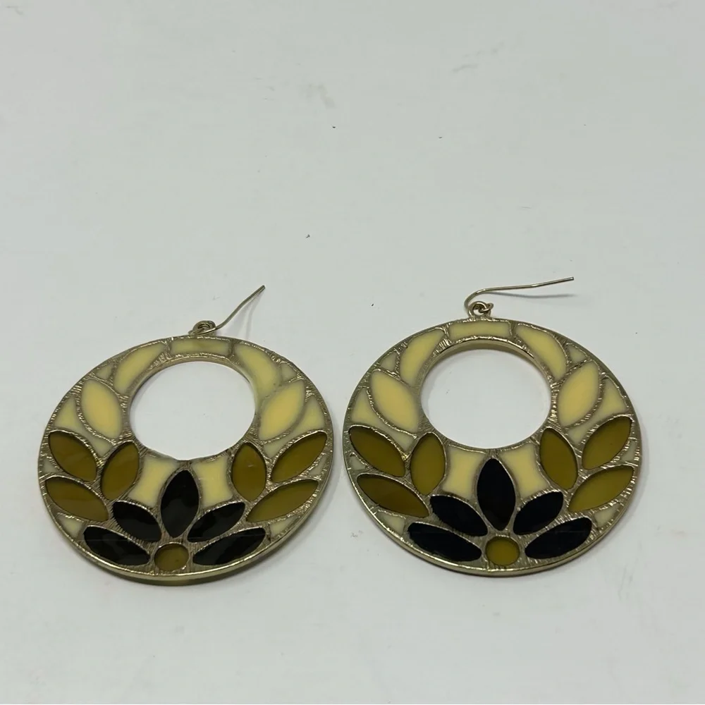 Large Groovy Black, Yellow and Brown Lotus Flower Dangle Hoop Earrings